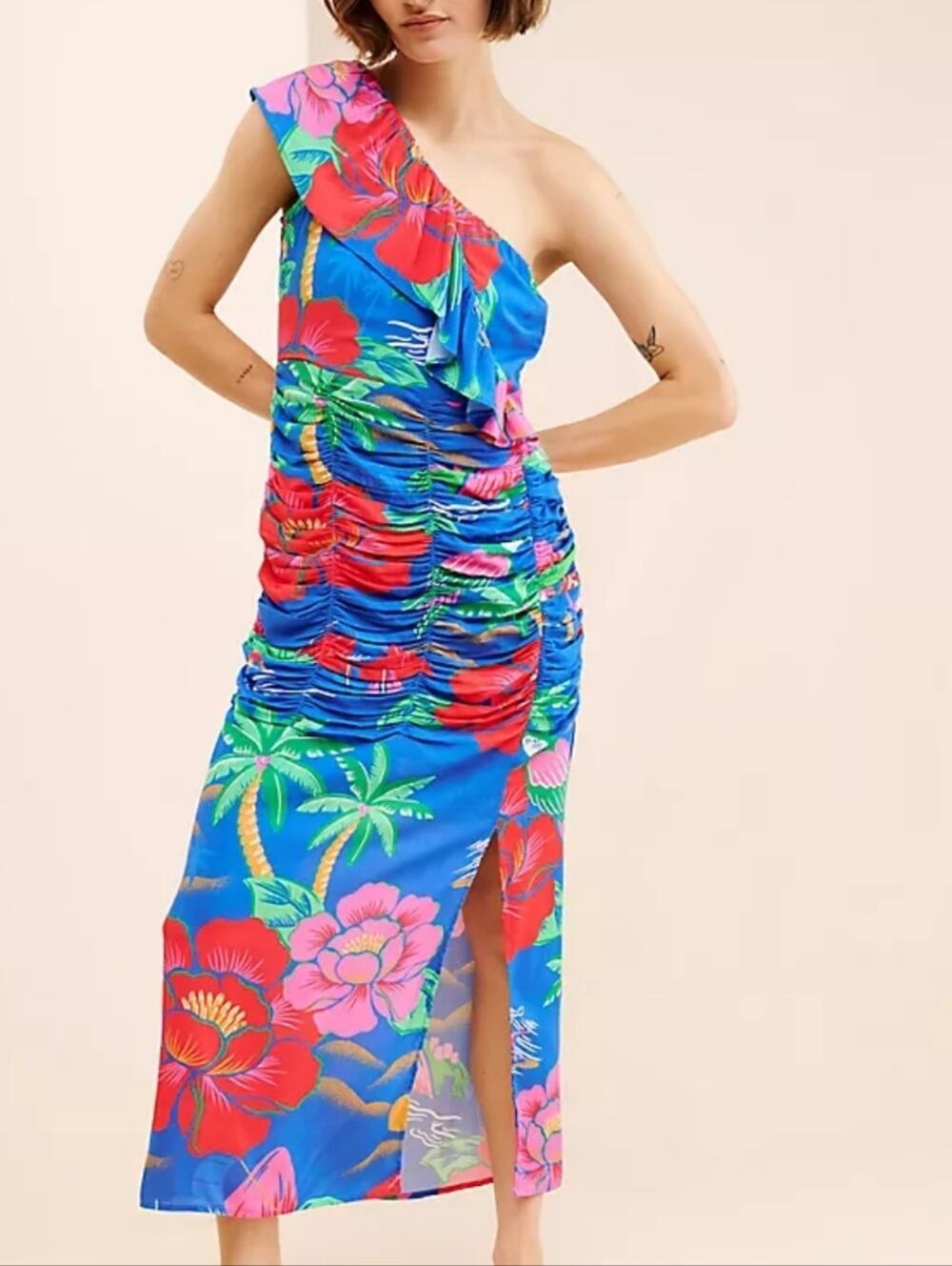 FARM Rio One Shoulder Ruched Midi Dress Sz Med